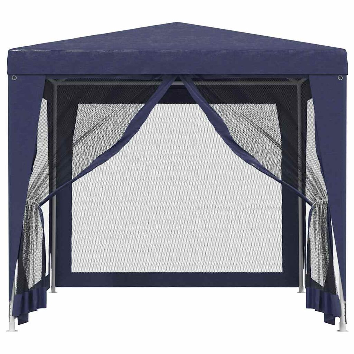 Ein blauer Pavillon mit einem Netz und Vorhängen. Der Rahmen ist weiß.