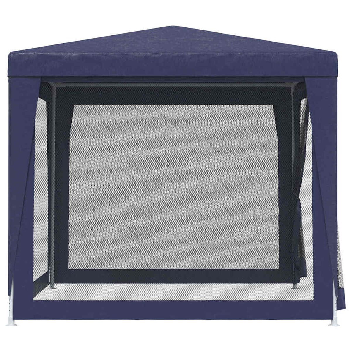 Ein blauer Pavillon mit einem Netzgitter. Es hat eine quadratische Form und ein dunkelblaues Dach. Der Hintergrund ist weiß.