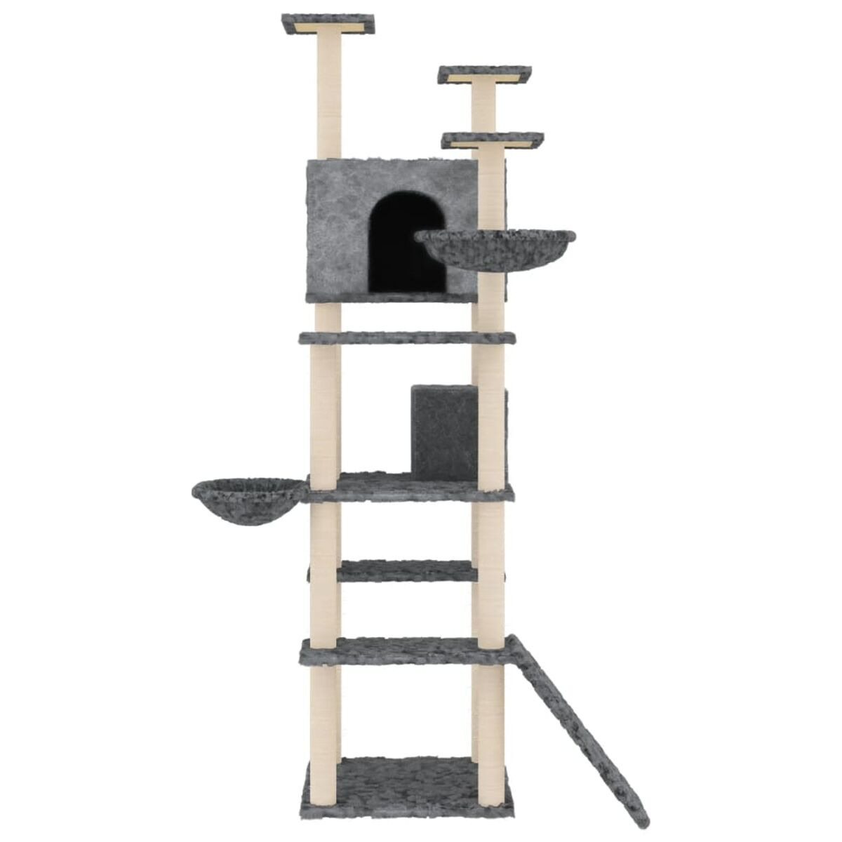Mehrstöckiger Katzenbaum mit Plattformen, Haus und Rampe. Grau und Creme.