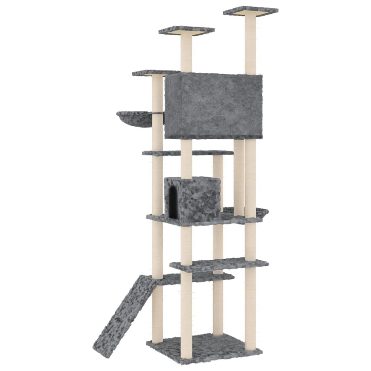 Grauer Katzenbaum mit mehreren Ebenen und einer Rampe. Weißer Hintergrund.
