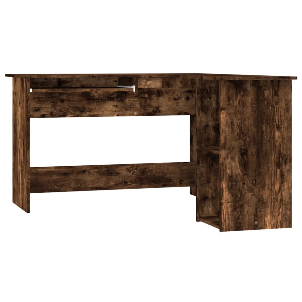Brauner Holzschreibtisch mit Schubladen und Regalen. Weißer Hintergrund.