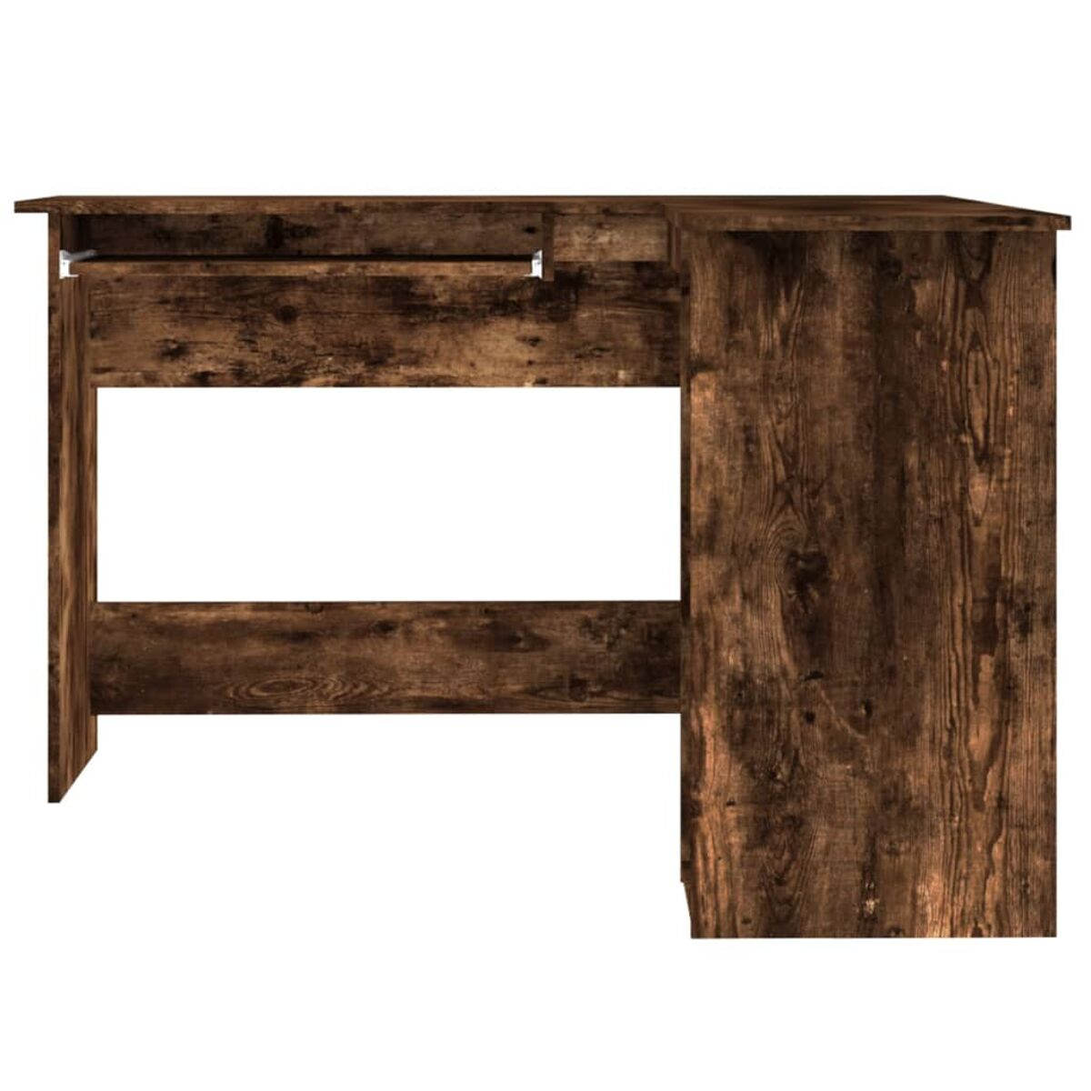 Ein brauner Holzschreibtisch mit einem ausziehbaren Regal und einer Seitenwand wird auf weißem Hintergrund gezeigt.