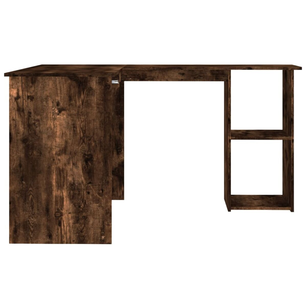 L-förmiger Holzschreibtisch. Hat Regale, Schubladen und Platz für einen Computer Tower.