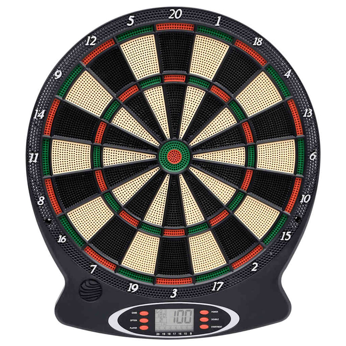 Eine schwarze und grüne Dartscheibe mit Zahlen und digitaler Anzeige, die einen Score zeigt.