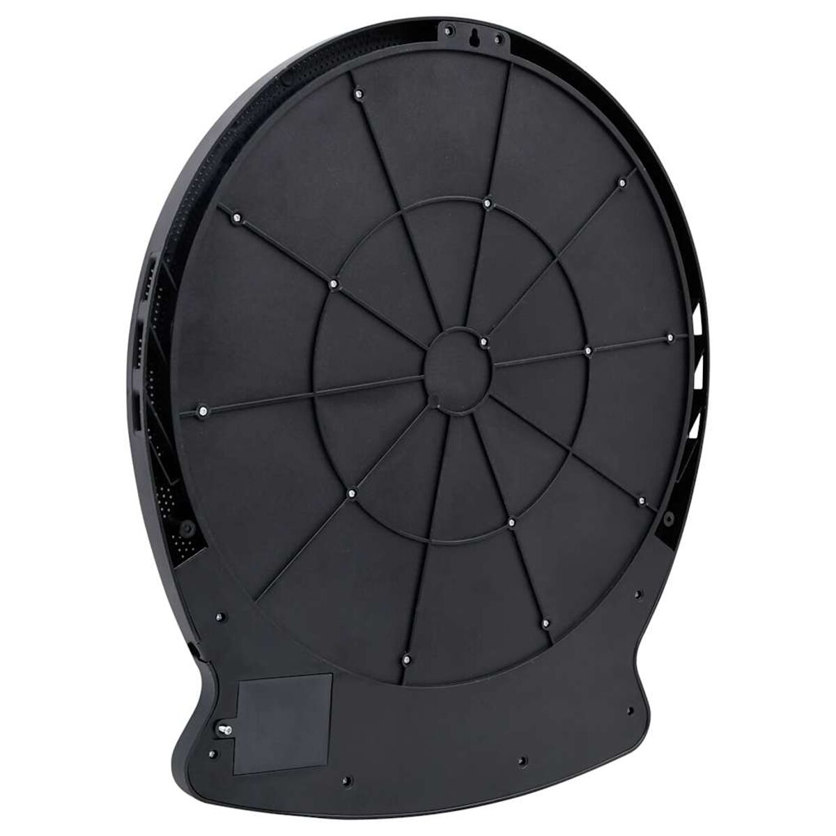 Ein schwarzes elektronisches Drum-Pad mit kreisförmigem Design, das verschiedene Komponenten zeigt.