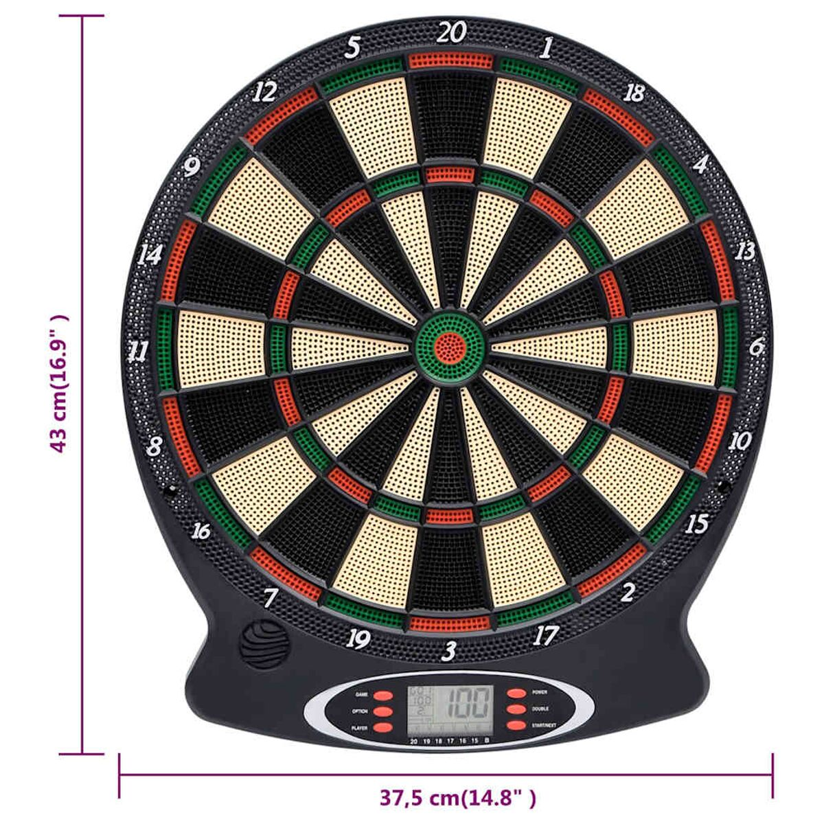 Ein schwarzes elektronisches Dartboard mit Zahlen, Anzeigebildschirm und Maßen.
