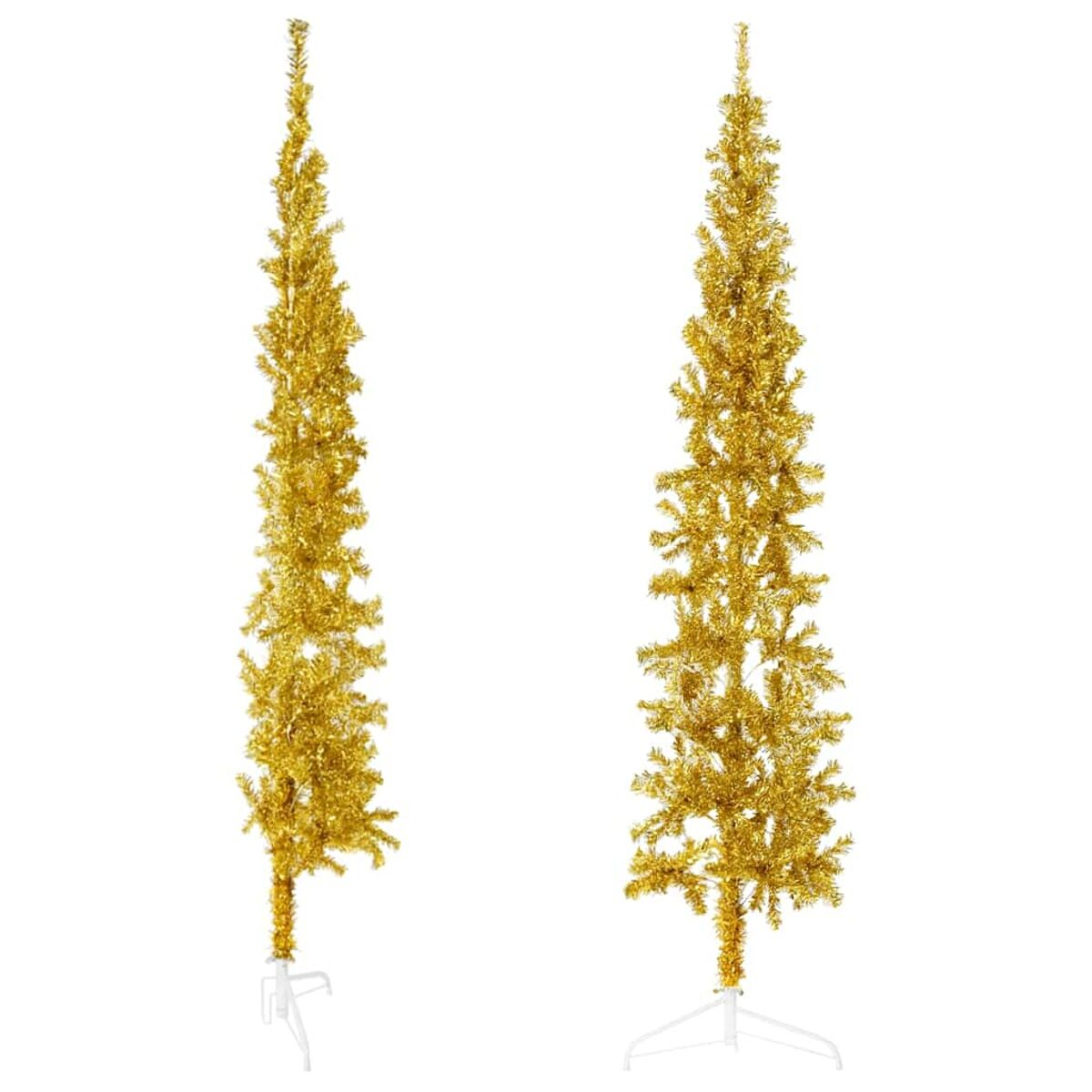 Zwei goldene Weihnachtsbäume auf weißen Ständern. Die Bäume sind sehr hoch, dünn und mit goldenem Glitzer bedeckt.