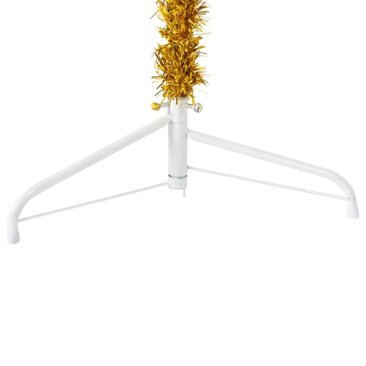 Weißer Weihnachtsbaumständer mit goldenem Lametta.