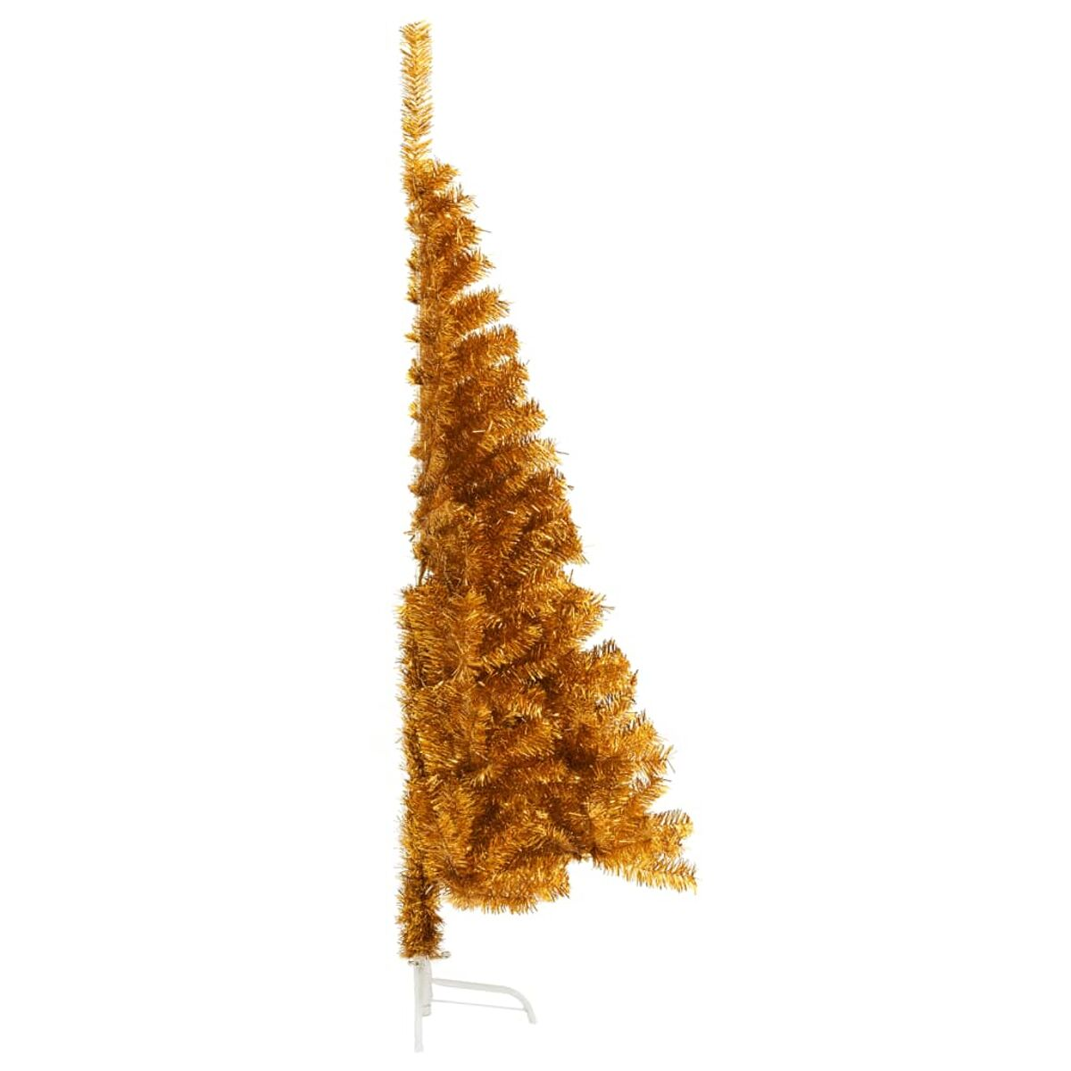 Goldener Lametta-Weihnachtsbaum, Seitenansicht. Weißer Ständer, weißer Hintergrund.
