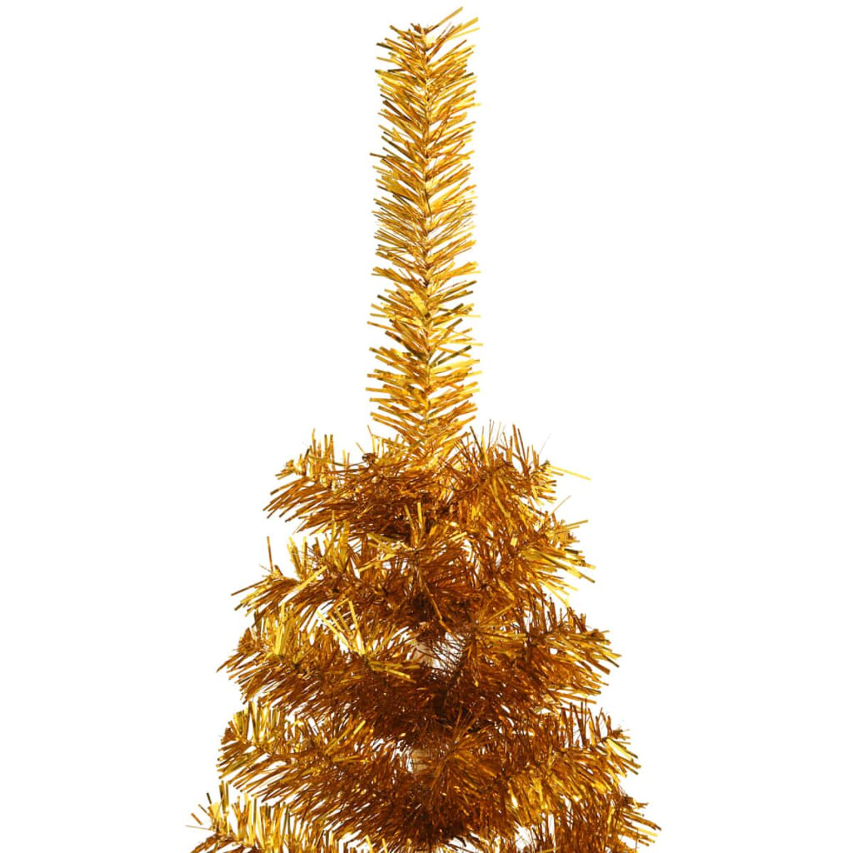 Ein goldener Lametta-Weihnachtsbaum auf weißem Hintergrund, mit schmaler Form.