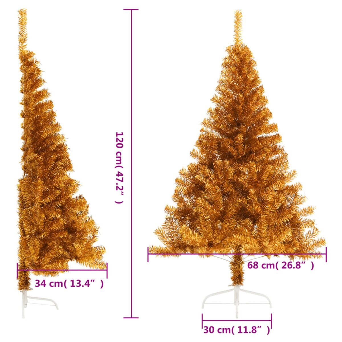 Zwei künstliche Weihnachtsbäume. Die Bäume sind goldfarben mit weißen Ständern, Maße sind angegeben.