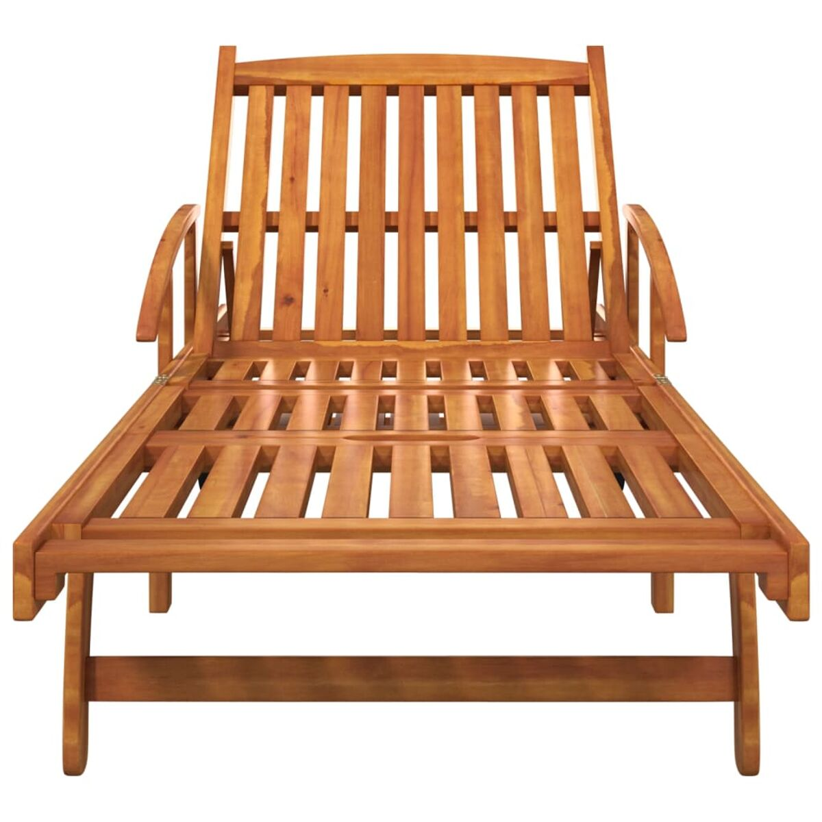 Sonnenliege aus Holz, braun, mit Latten und Kopfstütze.