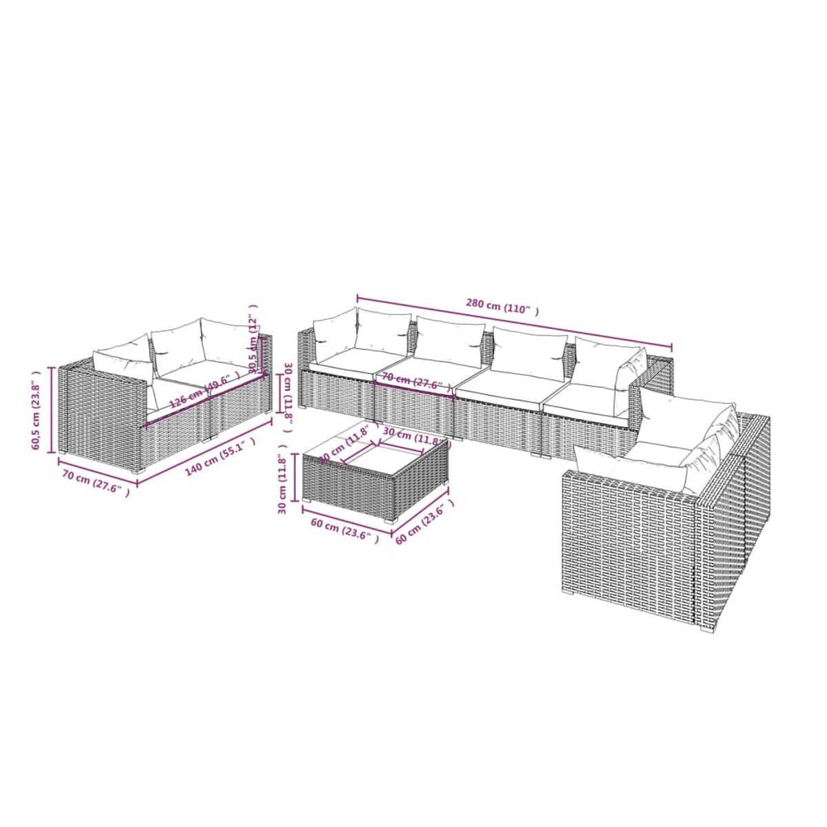 Rattan-Sofagarnitur mit Kissen, Abmessungen sichtbar. Enthält ein Dreisitzer, zwei Sessel und einen Couchtisch.