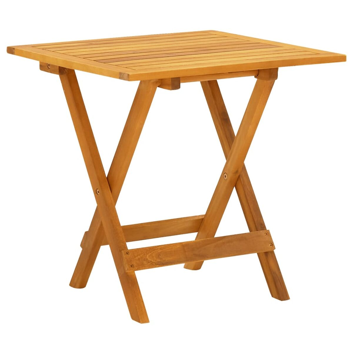 Quadratischer, klappbarer Holztisch mit abgewinkelten Beinen. Er ist aus hellfarbenem Holz gefertigt.