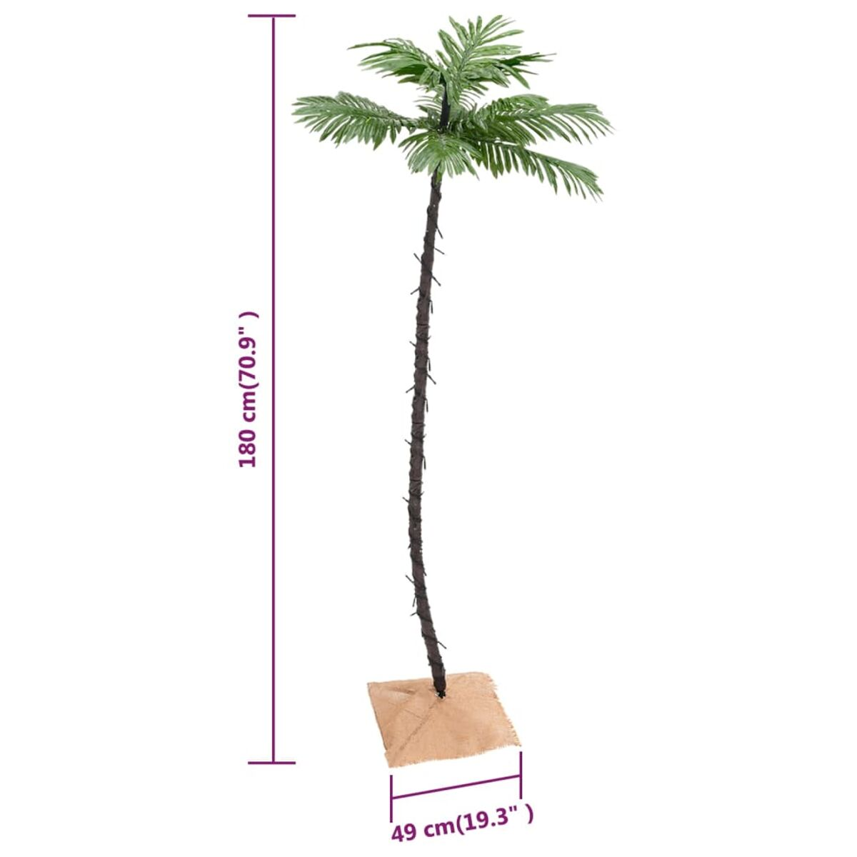 Künstliche Palme mit Maßen, braunem Stamm und grünen Blättern auf weißem Hintergrund.