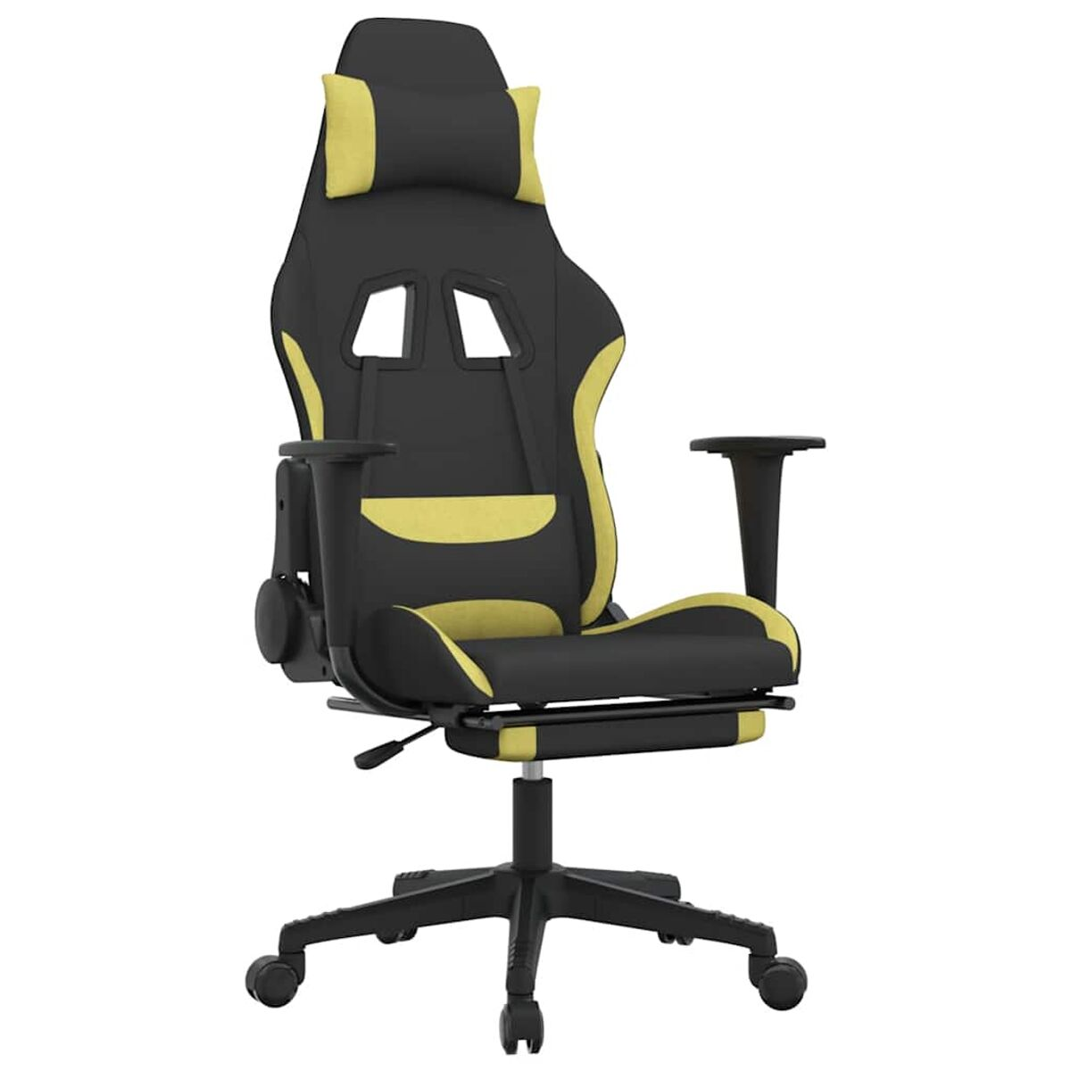Sedia da gaming nera e gialla su sfondo bianco. Con poggiatesta e braccioli.