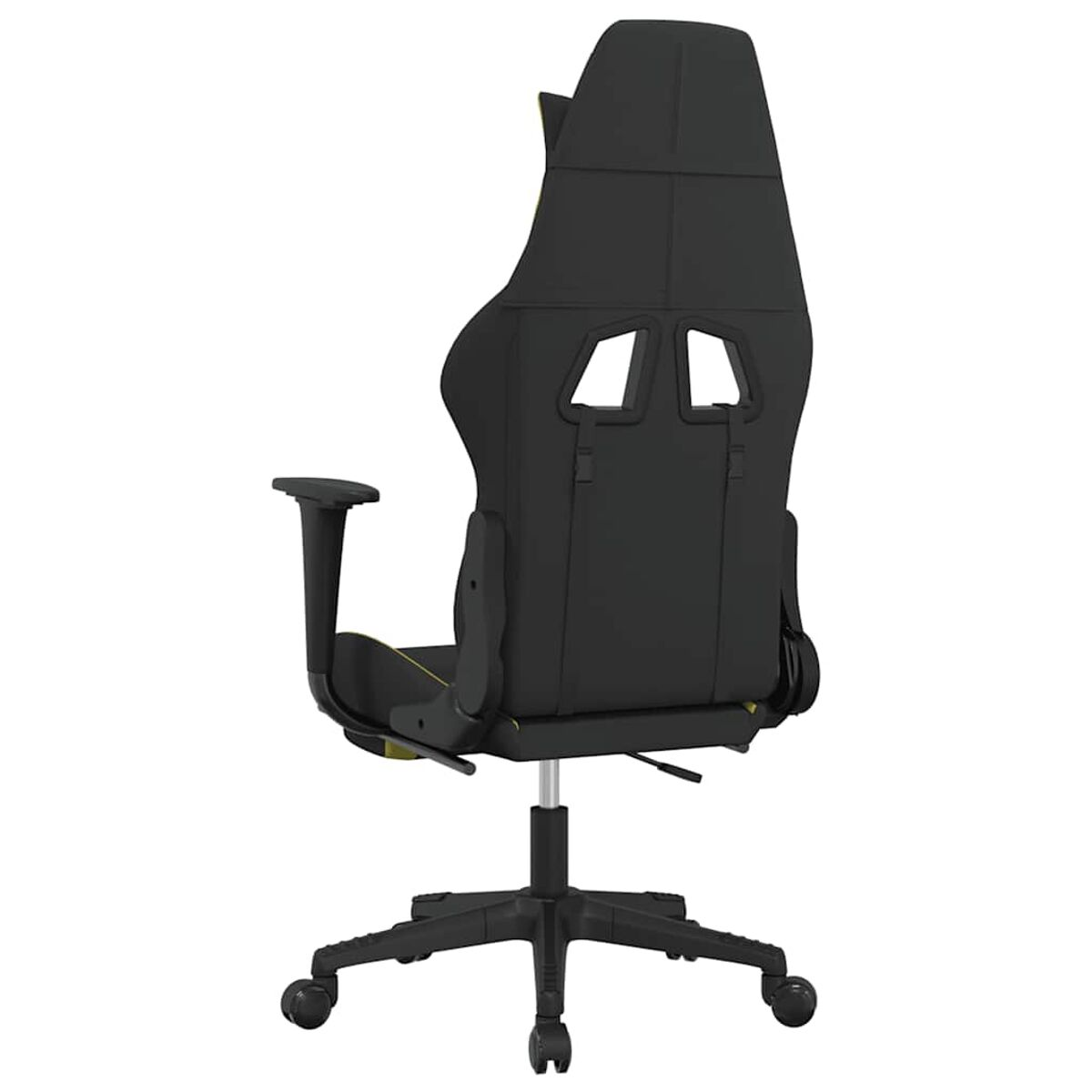 Sedia da gaming nera con dettagli gialli, vista da dietro.