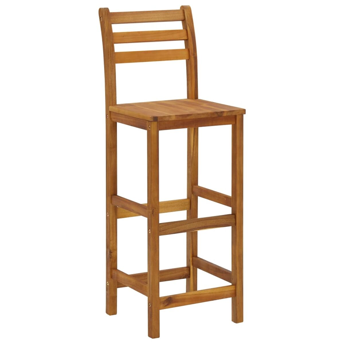 Hocker aus Holz mit quadratischem Sitz und Leiterlehne. Der Hocker ist braun.