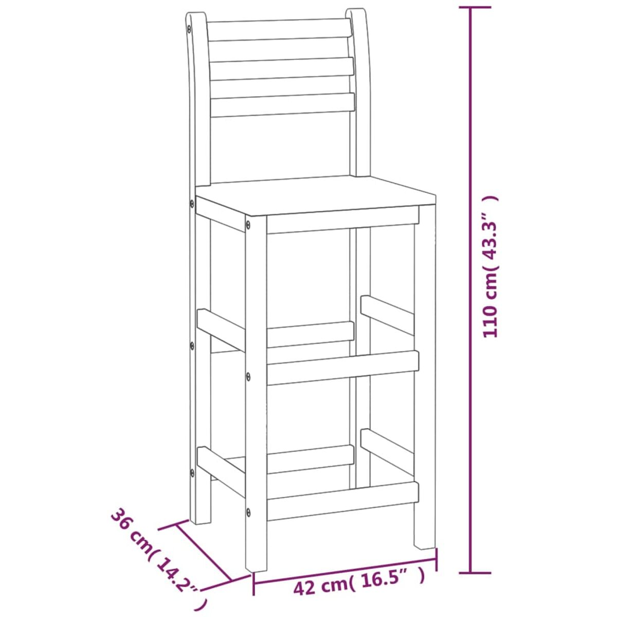 Hocker aus Holz mit drei horizontalen Stützen. Er hat eine hohe Rückenlehne und einen quadratischen Sitz.