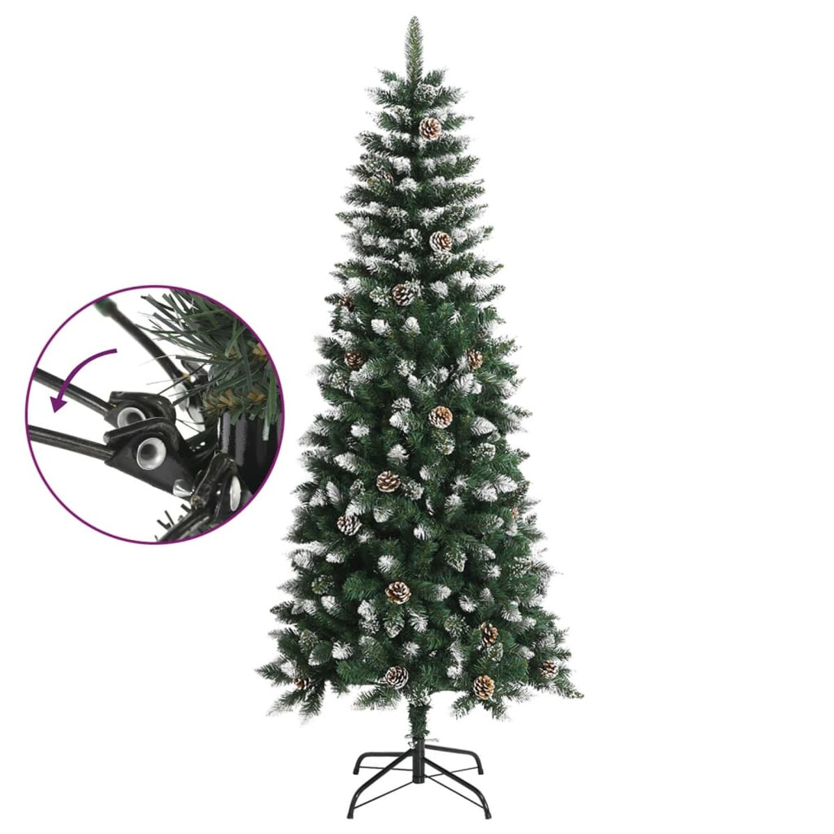 Grüner Weihnachtsbaum mit Schnee und Tannenzapfen. Er hat einen schwarzen Ständer.