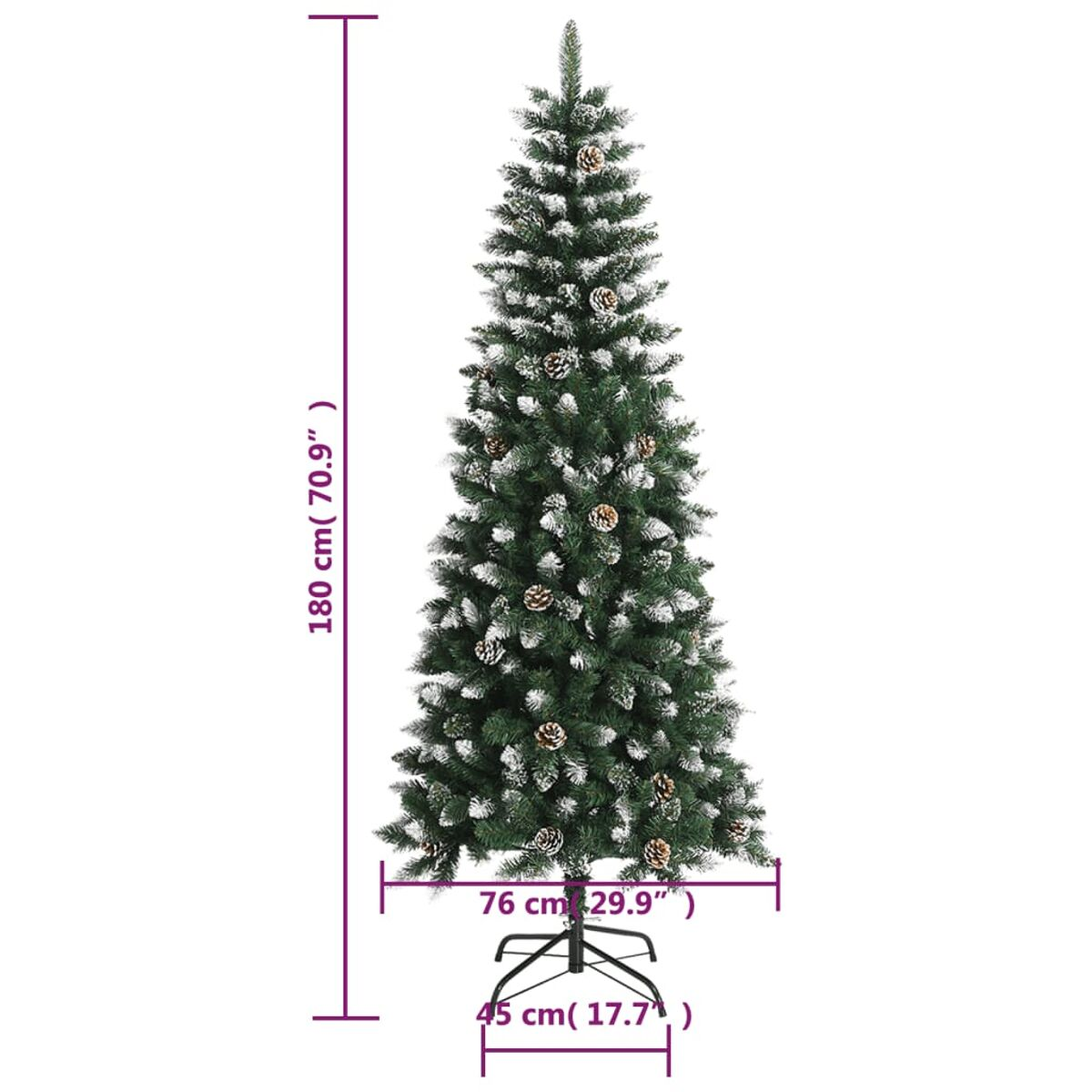 Hoher grüner Weihnachtsbaum mit Schnee, Tannenzapfen und Größenangaben.