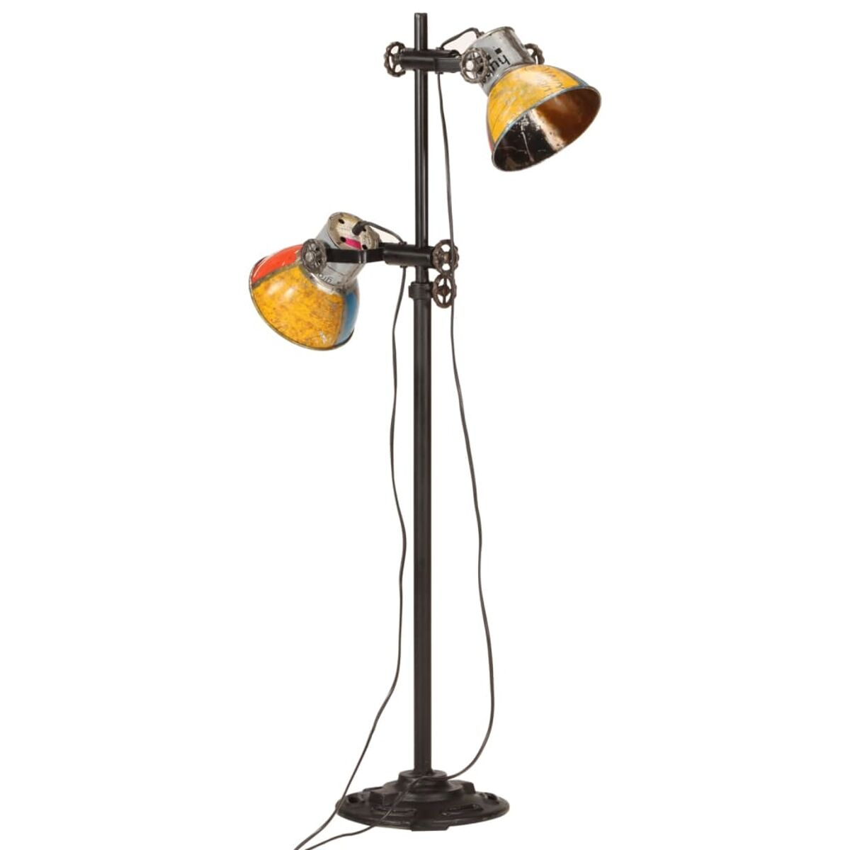 Eine schwarze Metall-Stehlampe mit zwei Lampenschirmen im Industriestil, einer gelb und einer rot.