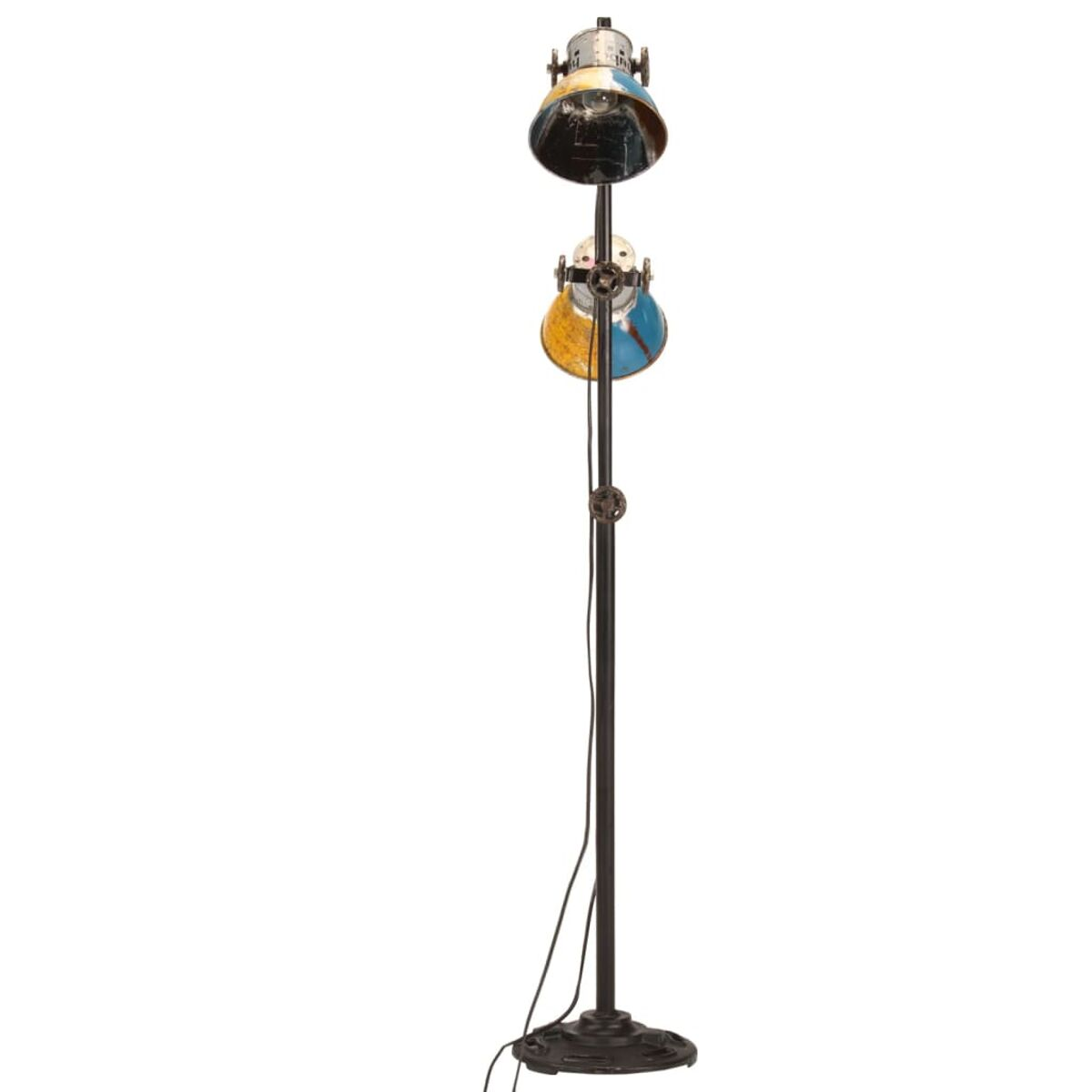 Hohe Stehlampe mit zwei Strahlern. Schwarze Stange und Basis.