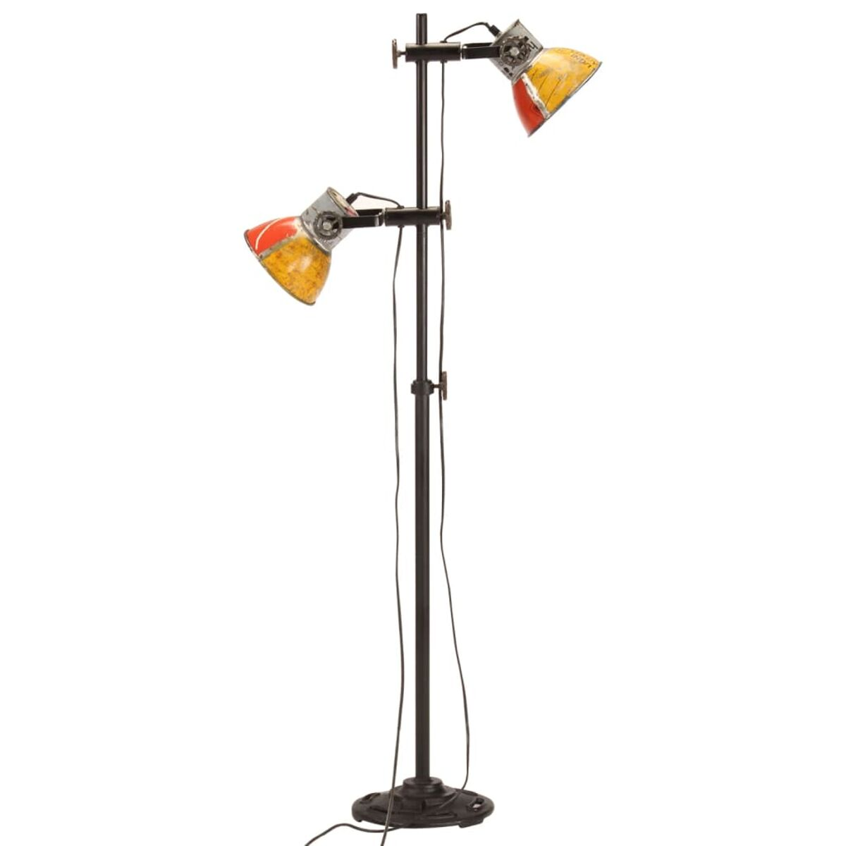 Eine Stehlampe mit zwei verstellbaren Leuchten, mit gelben und roten Farbtönen.