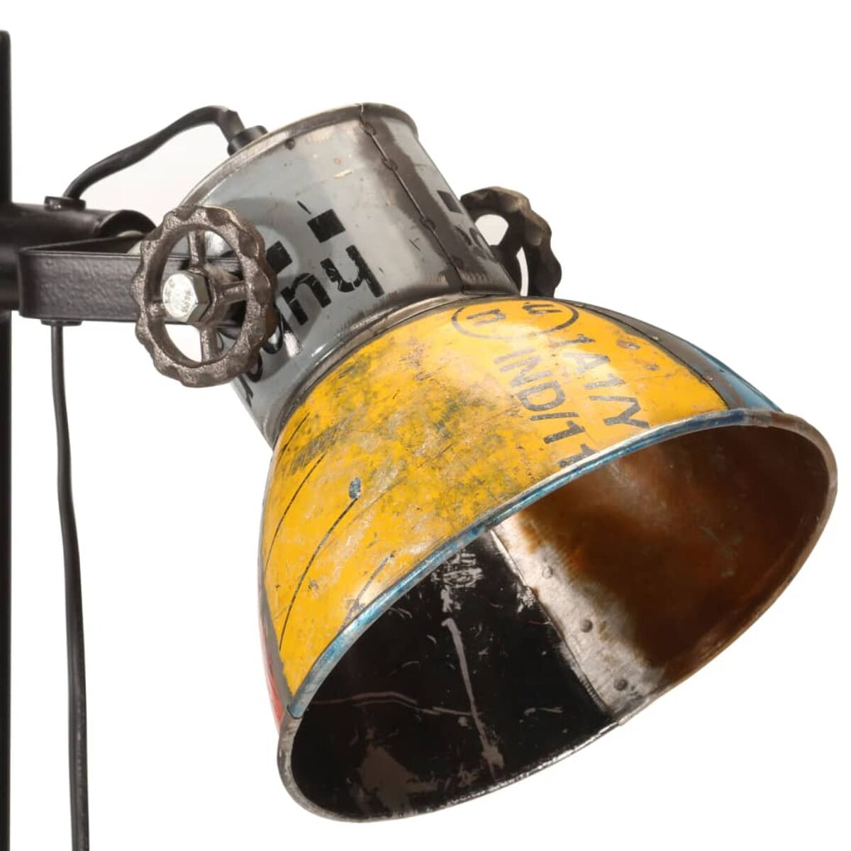 Industrielle Lampe mit zylindrischem gelbem Schirm und schwarzem Rahmen.