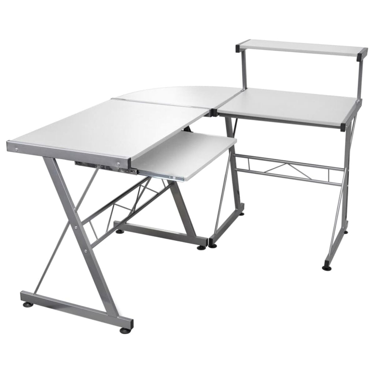 Ein weißer und silberner Computertisch. Er hat mehrere Ebenen und eine ausziehbare Tastaturablage.