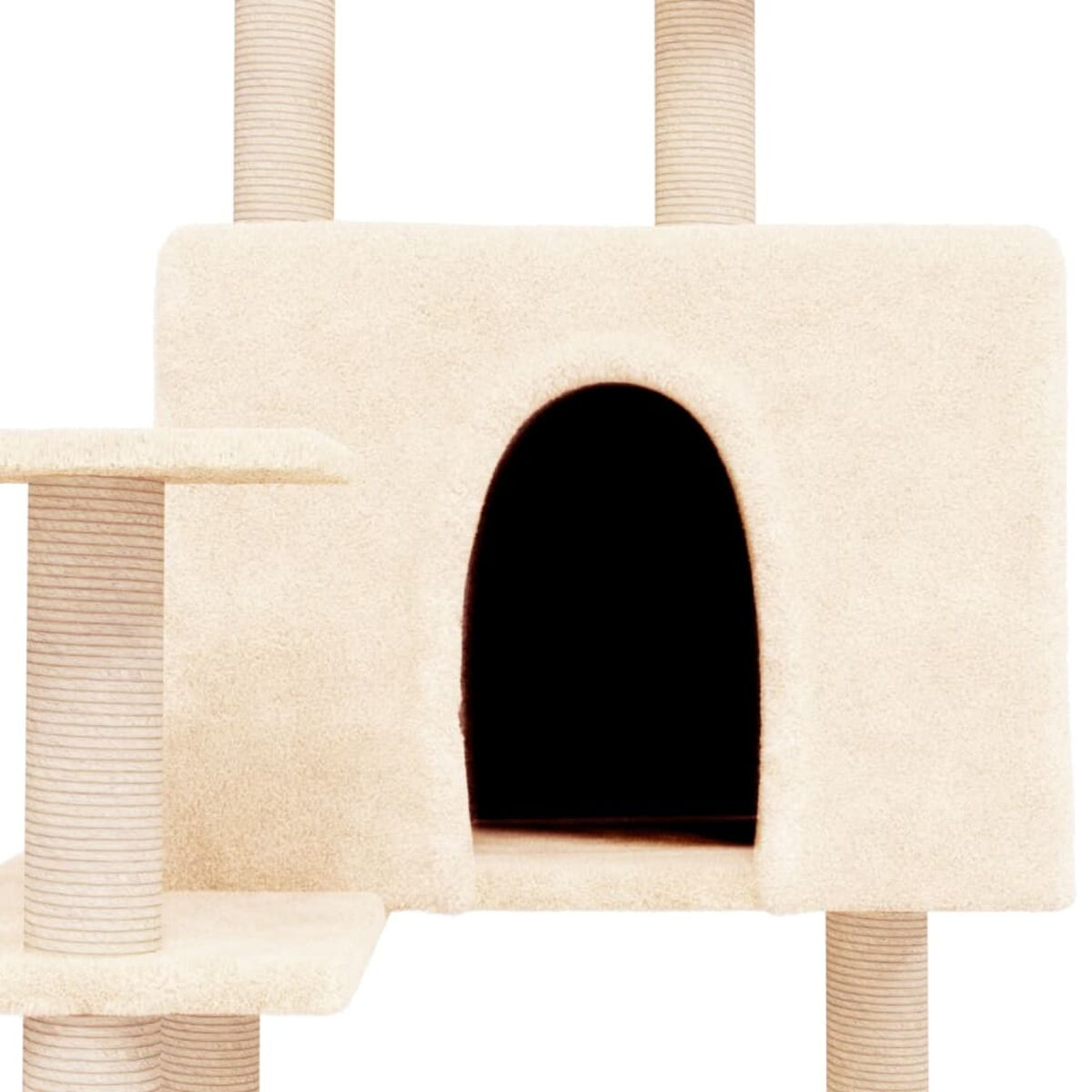Beiger Katzenbaum mit Höhle, Pfosten und Plattformen. Weißer Hintergrund.