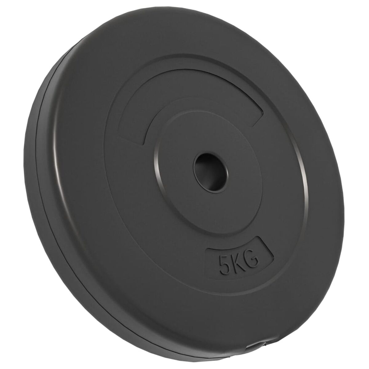 Schwarze Hantelscheibe mit 5KG-Markierung. Isoliert auf weißem Hintergrund.