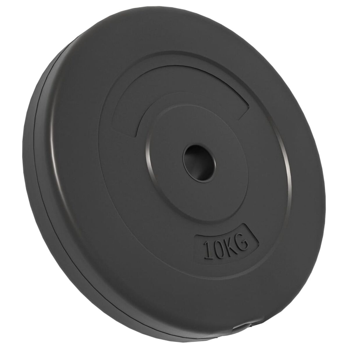 Eine schwarze Gewichtsplatte mit 10KG-Etikett. Schräge Perspektive.