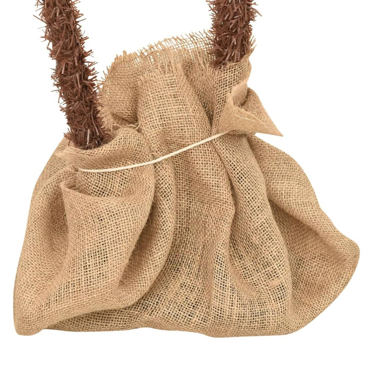 Jutesack mit braunen Griffen. Die Tasche ist mit einem weißen Faden gebunden.