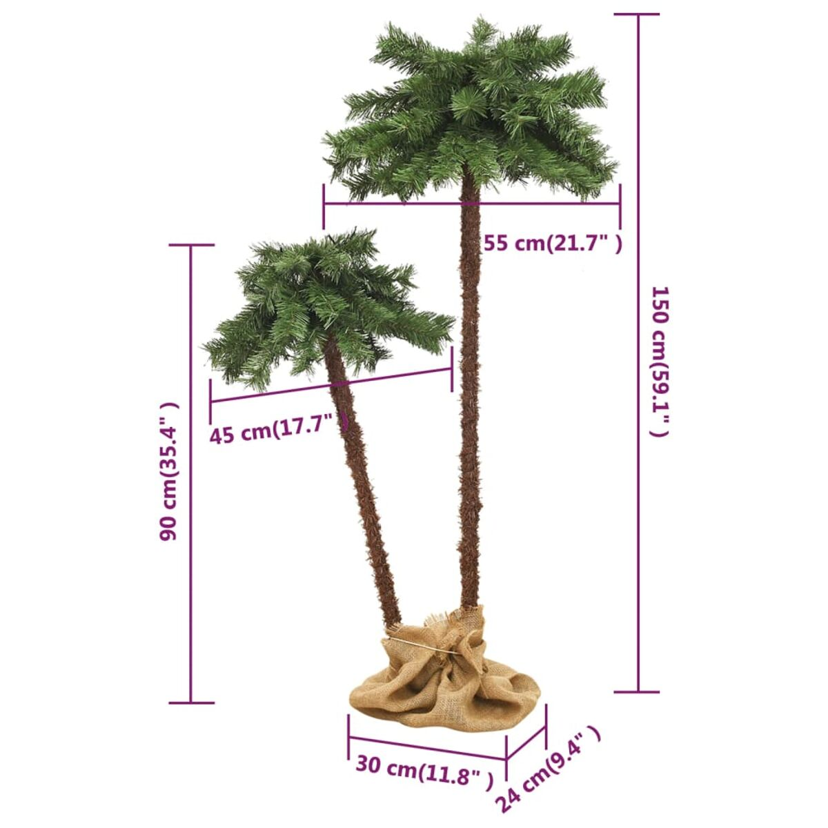 Zwei künstliche Palmen mit grünen Wedeln und braunen Stämmen, auf Jutebasis platziert.