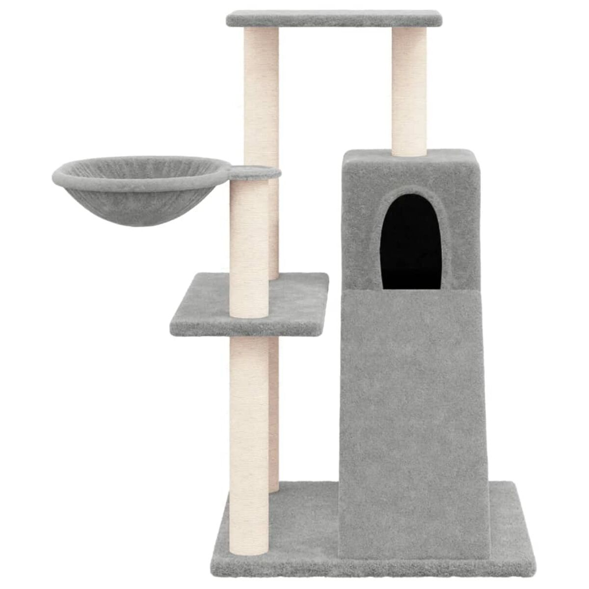 Grauer Katzenbaum mit mehreren Ebenen: Schale, Plattformen, Höhle und Kratzbäume.