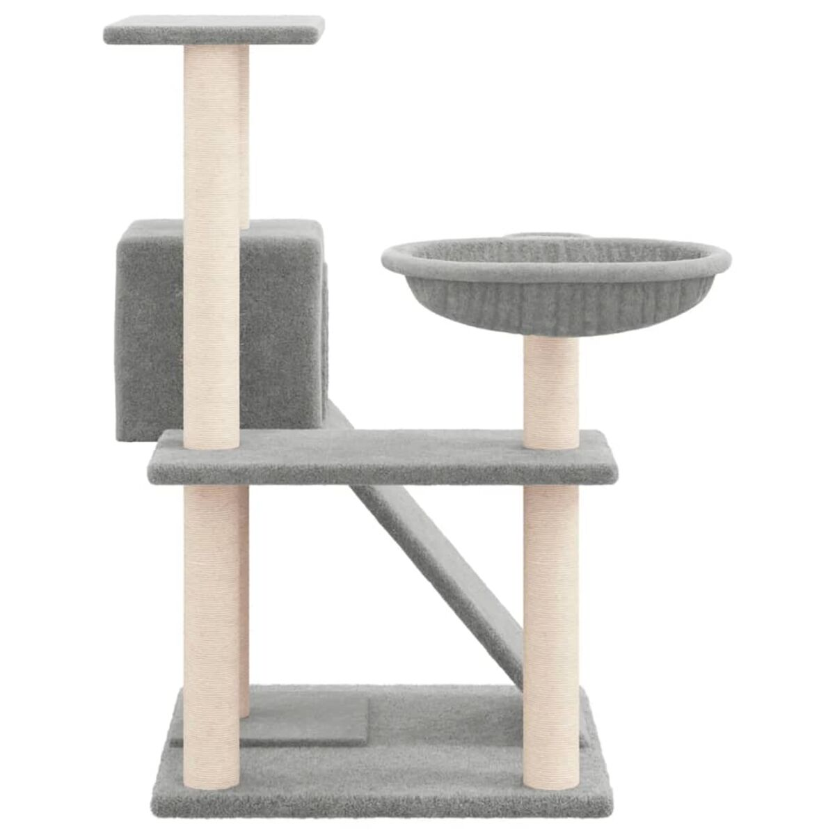 Grauer Katzenbaum mit mehreren Ebenen, einem Haus, einer Hängematte und Kratzbäumen.
