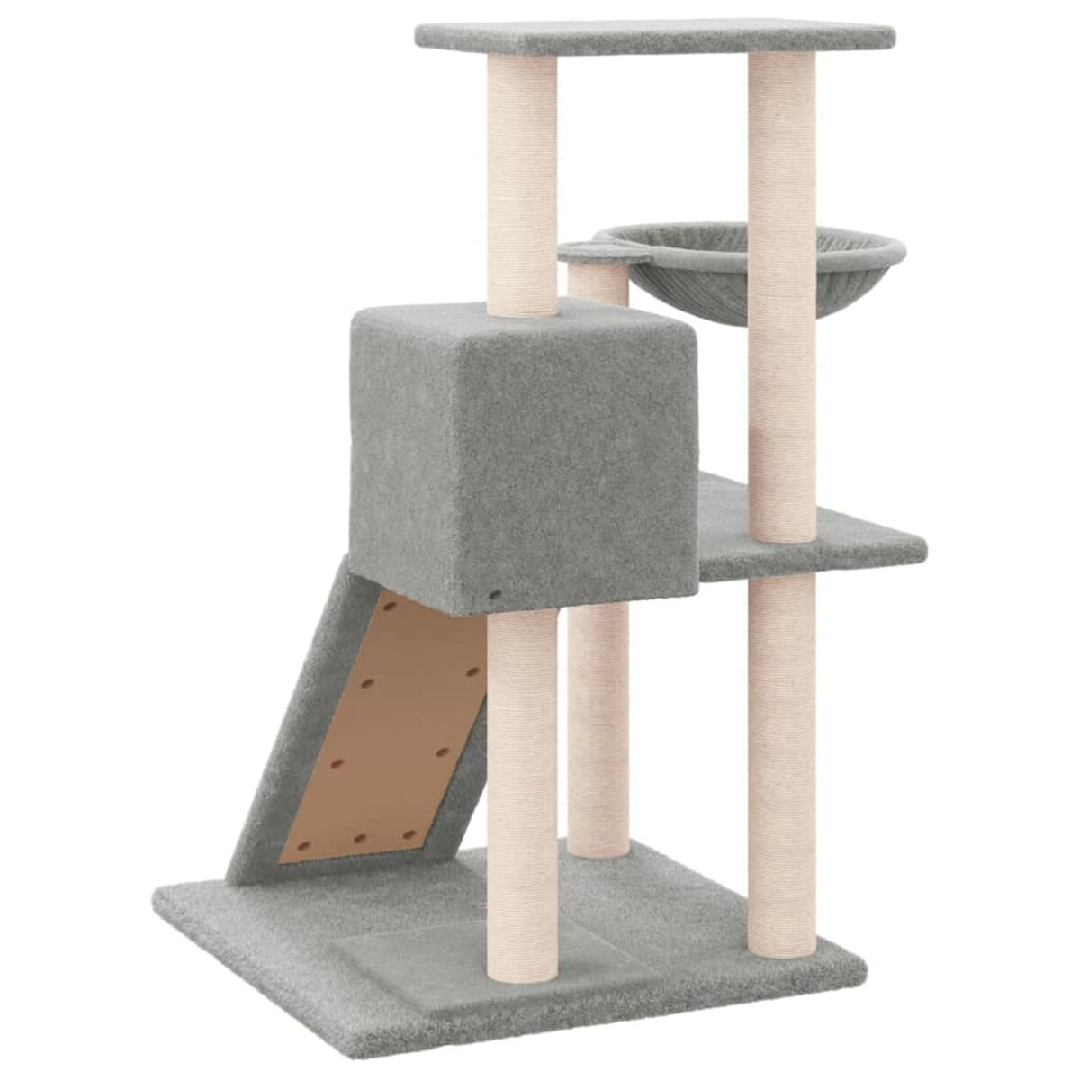 Ein grauer Katzenbaum mit quadratischer Basis, Rampe und oberem Sitzplatz mit Schale. Beige Pfosten stützen ihn.