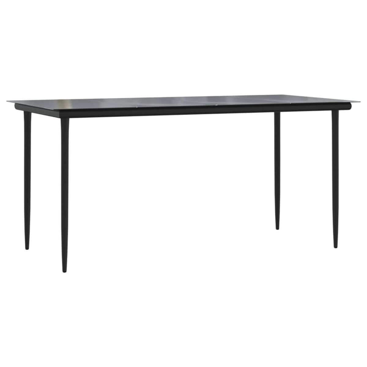 Un lungo tavolo rettangolare nero con quattro gambe. Design semplice.