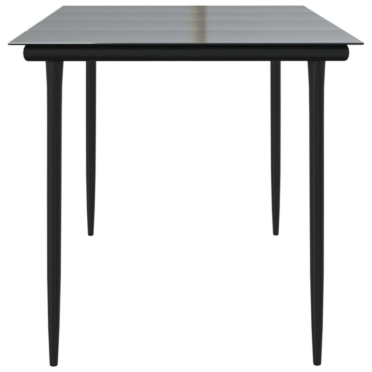 Tisch mit Glasplatte und schwarzen Beinen. Lichtreflexion auf der Oberfläche. Isoliert auf Weiß.