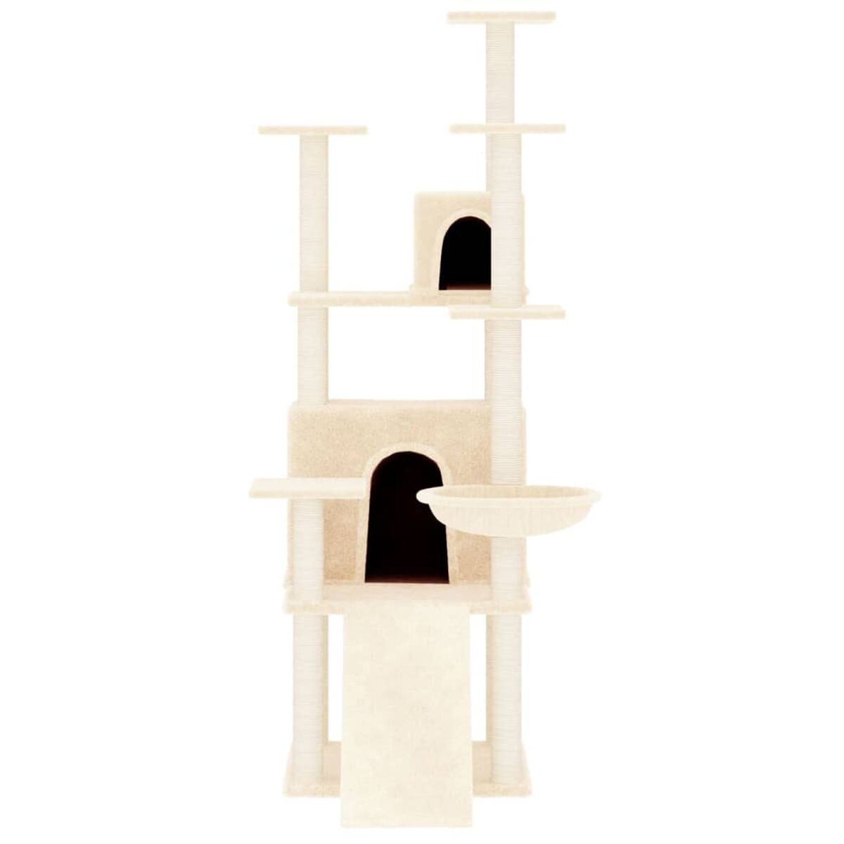Beiger Katzenbaum. Mehrere Ebenen, Plattformen, Tunnel und eine Schüssel.