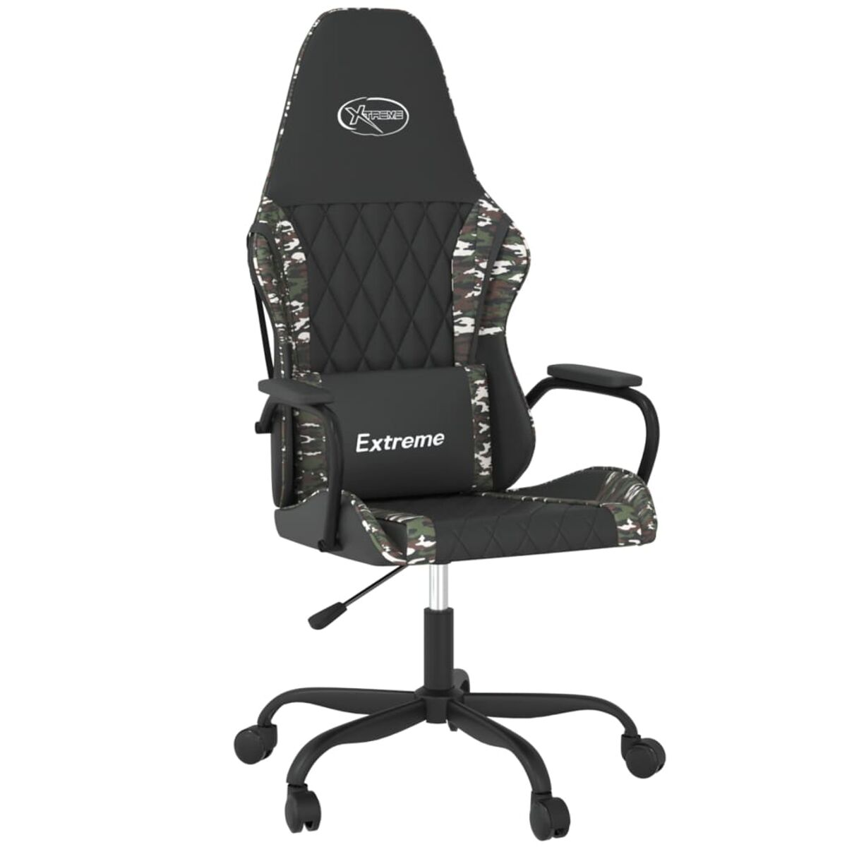 Schwarzer Gaming-Stuhl mit Tarnmuster, schwarzem Kissen und Extreme-Text.