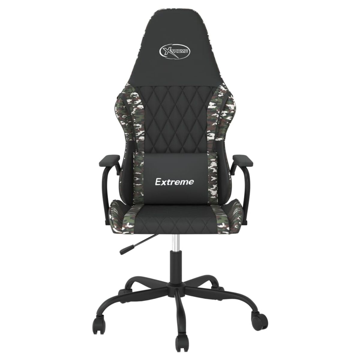 Schwarzer und Camouflage-Gaming-Stuhl mit schwarzem Gestell und Rollen.