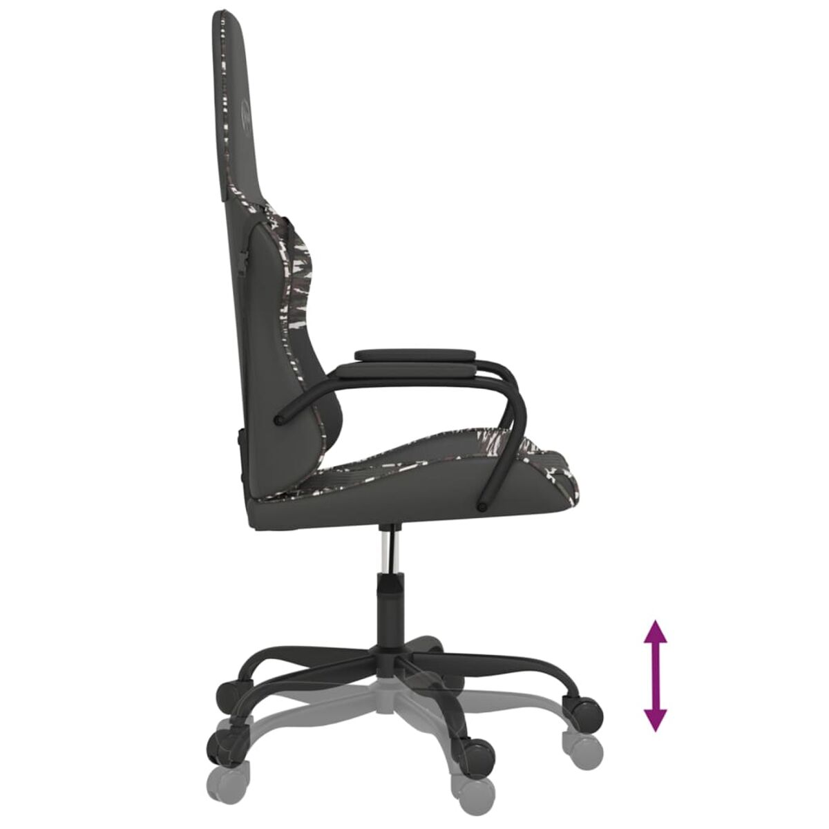 Gaming-Stuhl im Profil, schwarz mit gemustertem Rücken und höhenverstellbar.