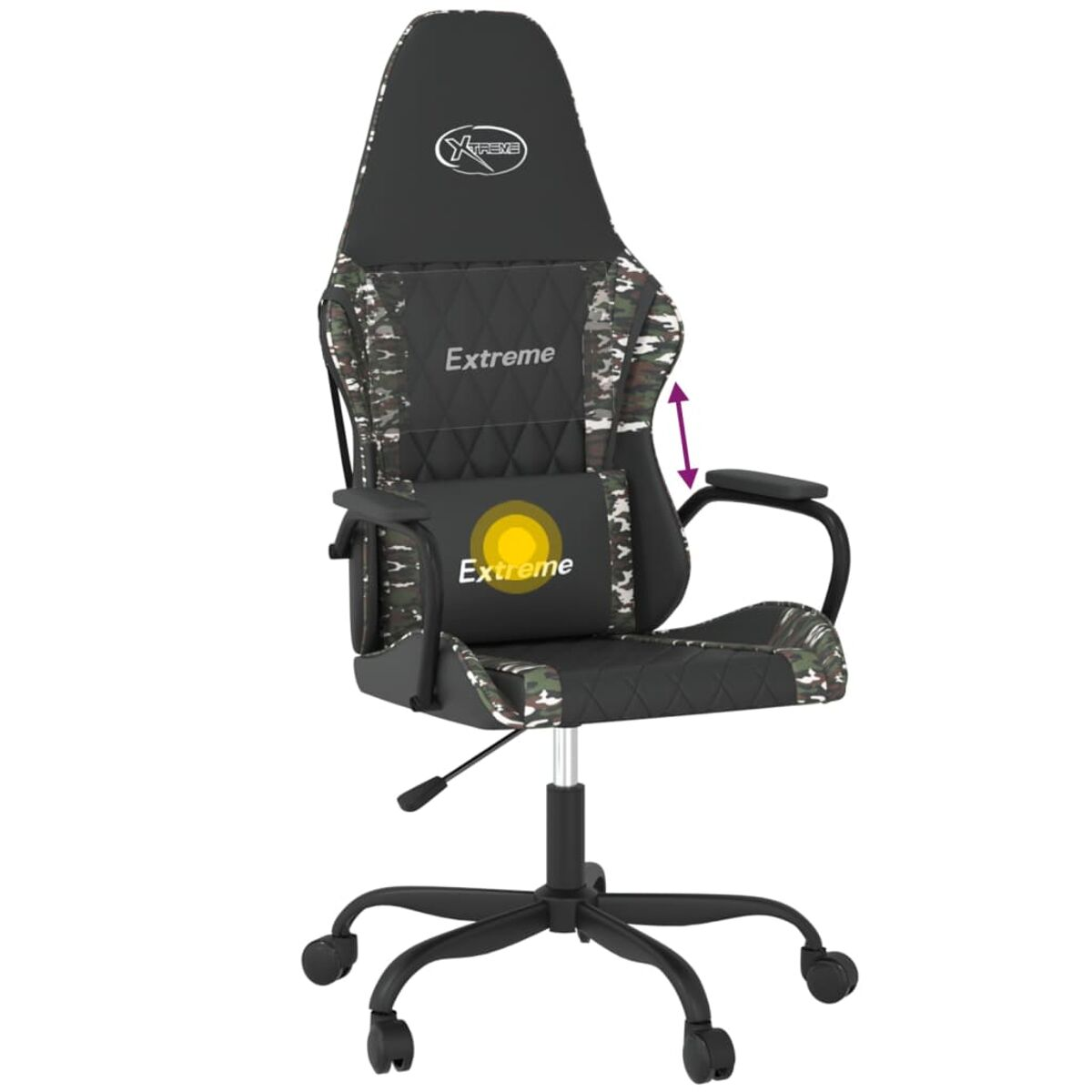 Ein schwarzer und Camo-Gaming-Stuhl mit verstellbaren Funktionen. Der Stuhl hat das Wort "Extreme" drauf.