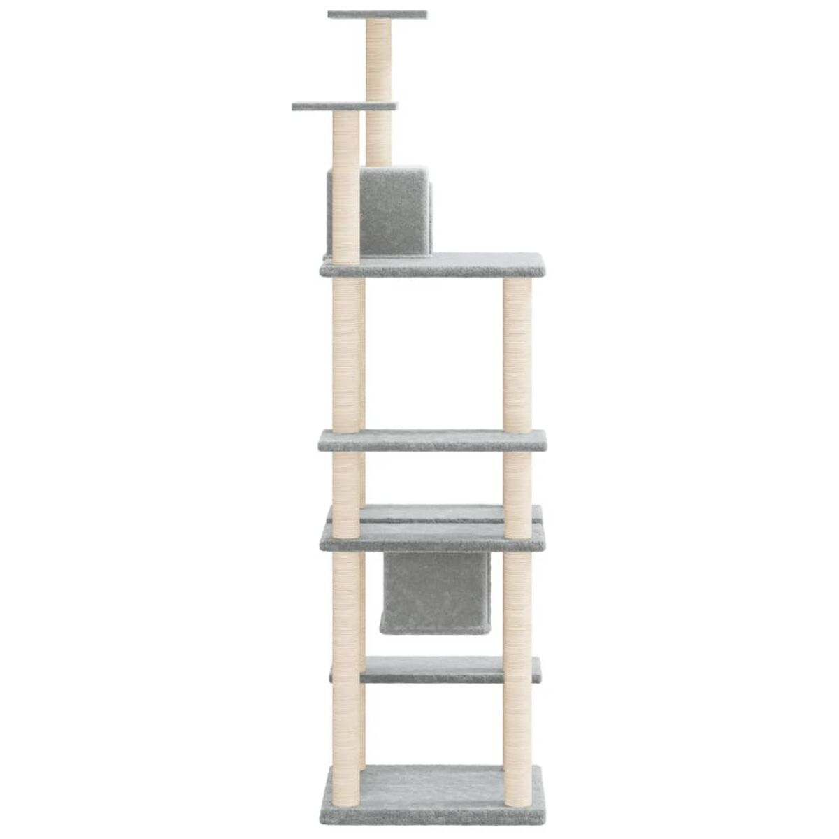 Katzenbaum mit mehreren Ebenen. Graue Plattformen und Holzpfosten. Ein einfaches Design.