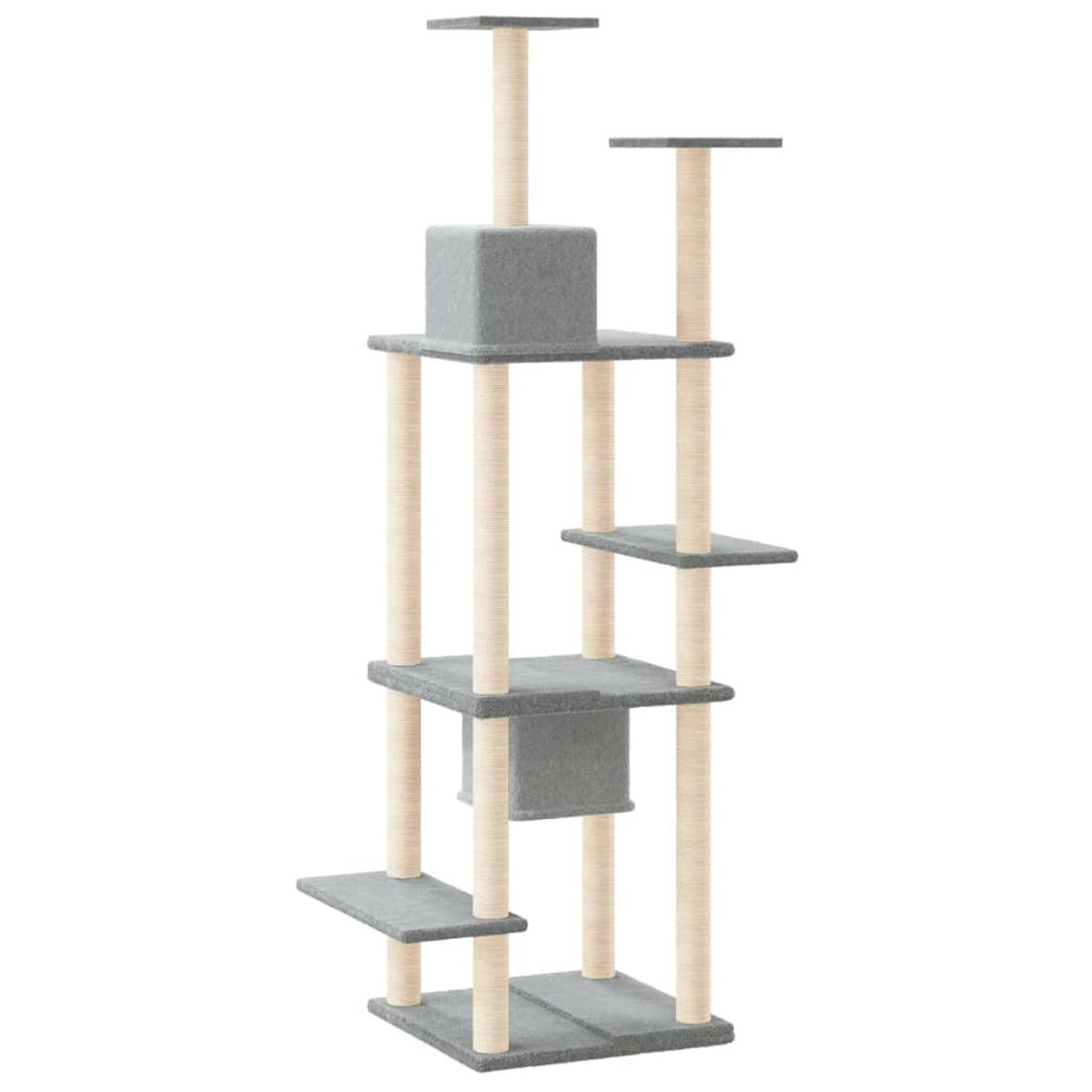 Ein hoher Katzenbaum mit mehreren Plattformen, Pfosten und einem Versteck. Grau und Beige.
