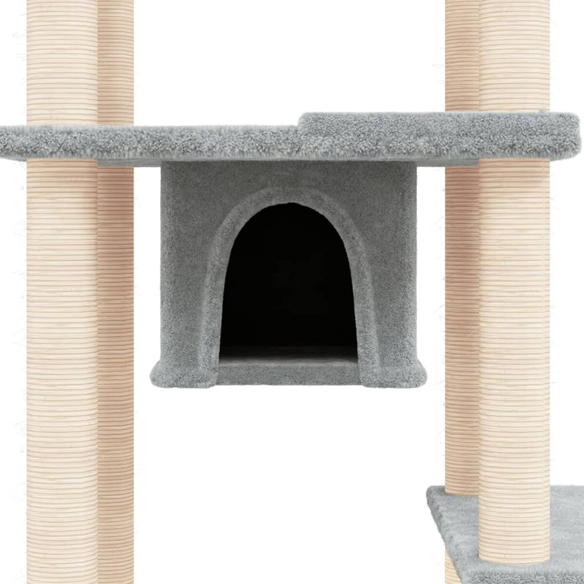 Ein grauer Katzenbaumabschnitt mit einer Höhle und Teppichplattformen. Beige Stützen.