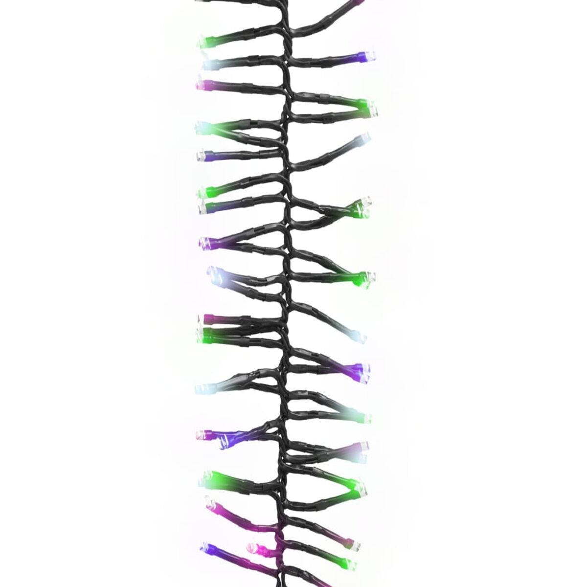 Lichterkette mit mehreren farbigen LEDs auf weißem Hintergrund.