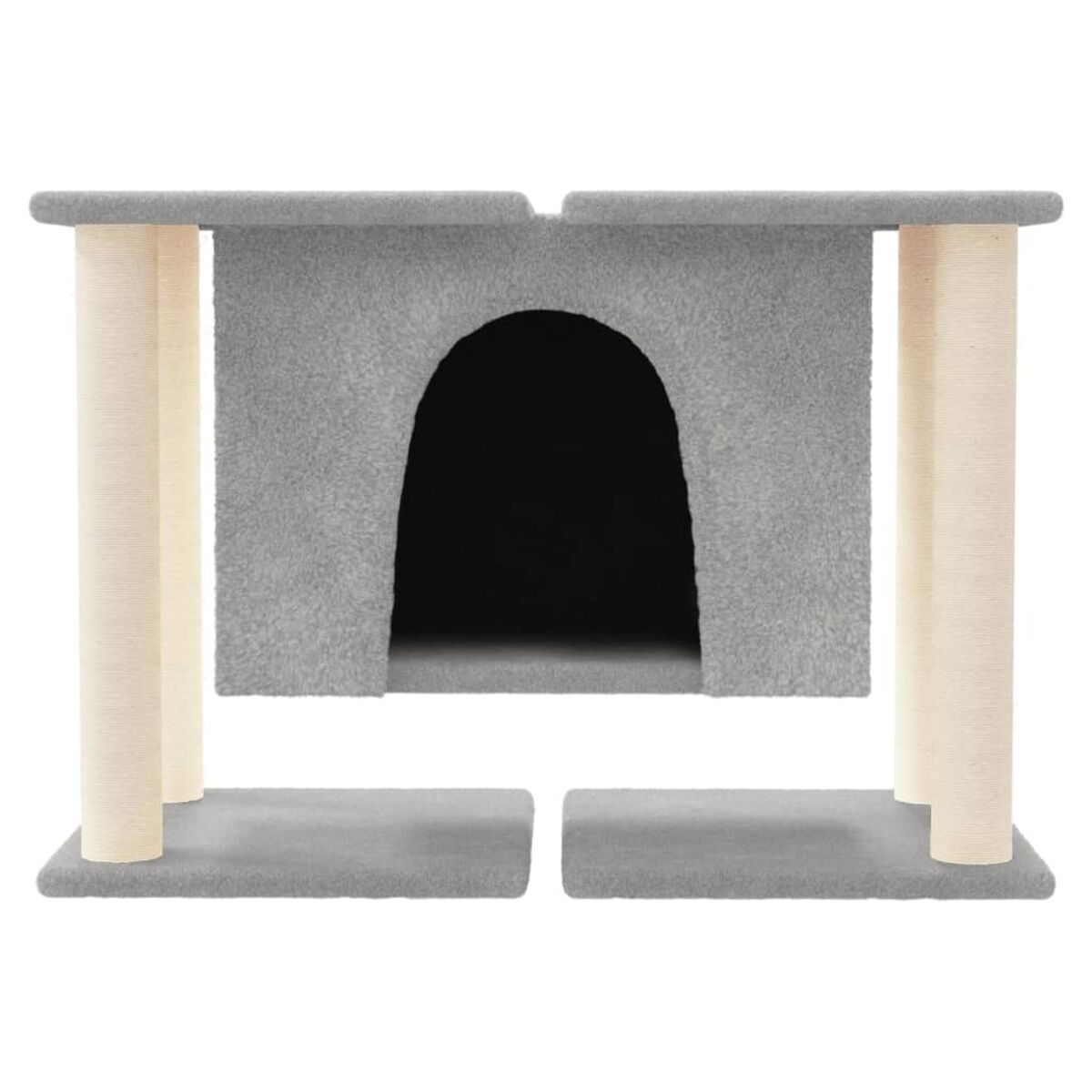 Grauer Katzenbaum mit Höhle und Kratzbäumen. Zwei Pfosten an den Seiten.